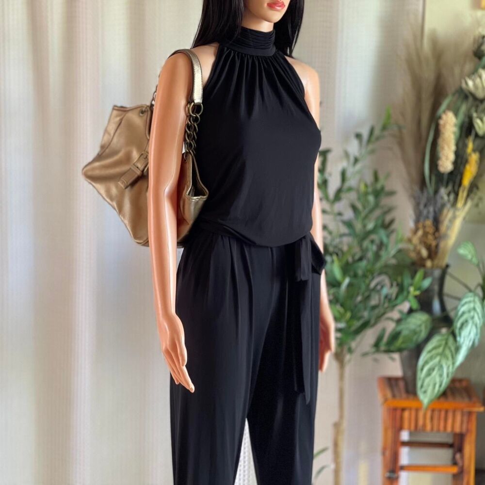 NWT Catherine‎ Malandrino Black Halter Jumpsuit Romper Ruched Neck Maxi Size L